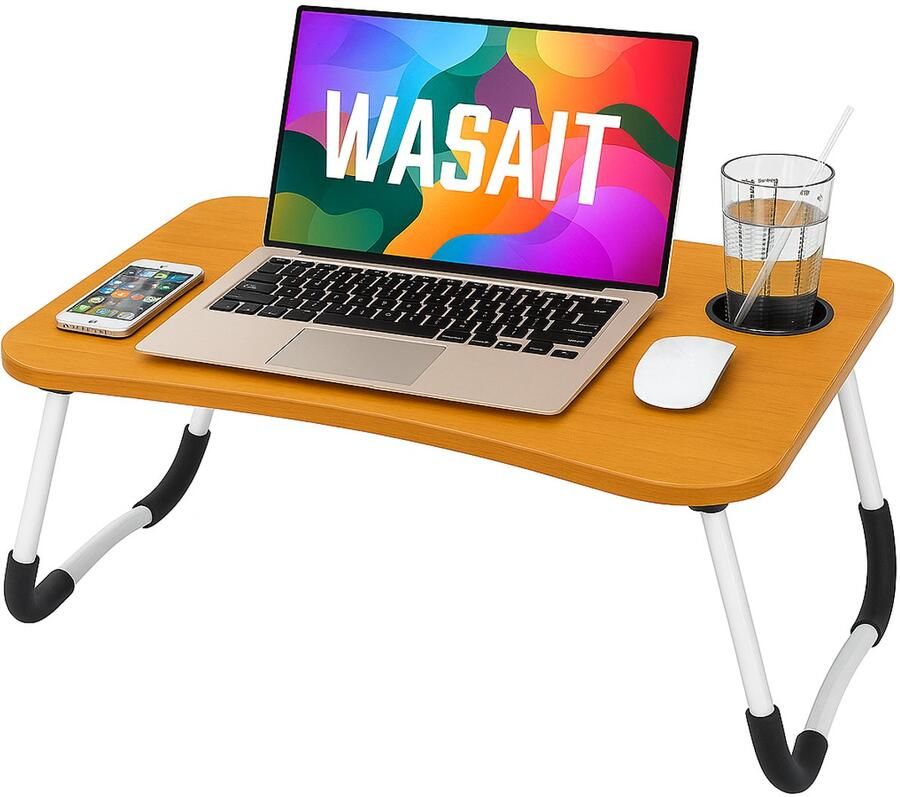 Lexorion Laptoptafel – Bedtafel – Kantelbare Laptoptafel – Verstelbare en Opvouwbare Laptop Tafel met Bekerhouder – 60x40x26cm – Laptoptafel Bijzettafel – Bruin