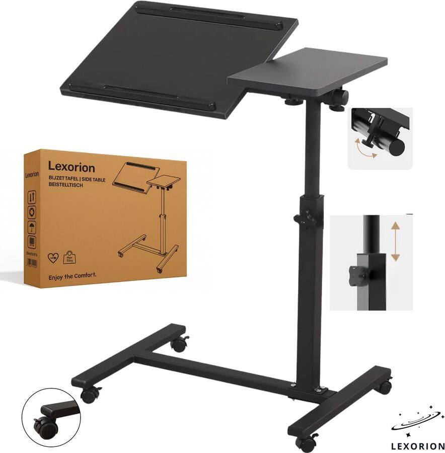 Lexorion Laptoptafel met Wielen – Verstelbare Bedtafel & Bijzettafel – Kantelbaar Tafelblad – Hoogte Verstelbaar – Ergonomisch Ontwerp – Zwart