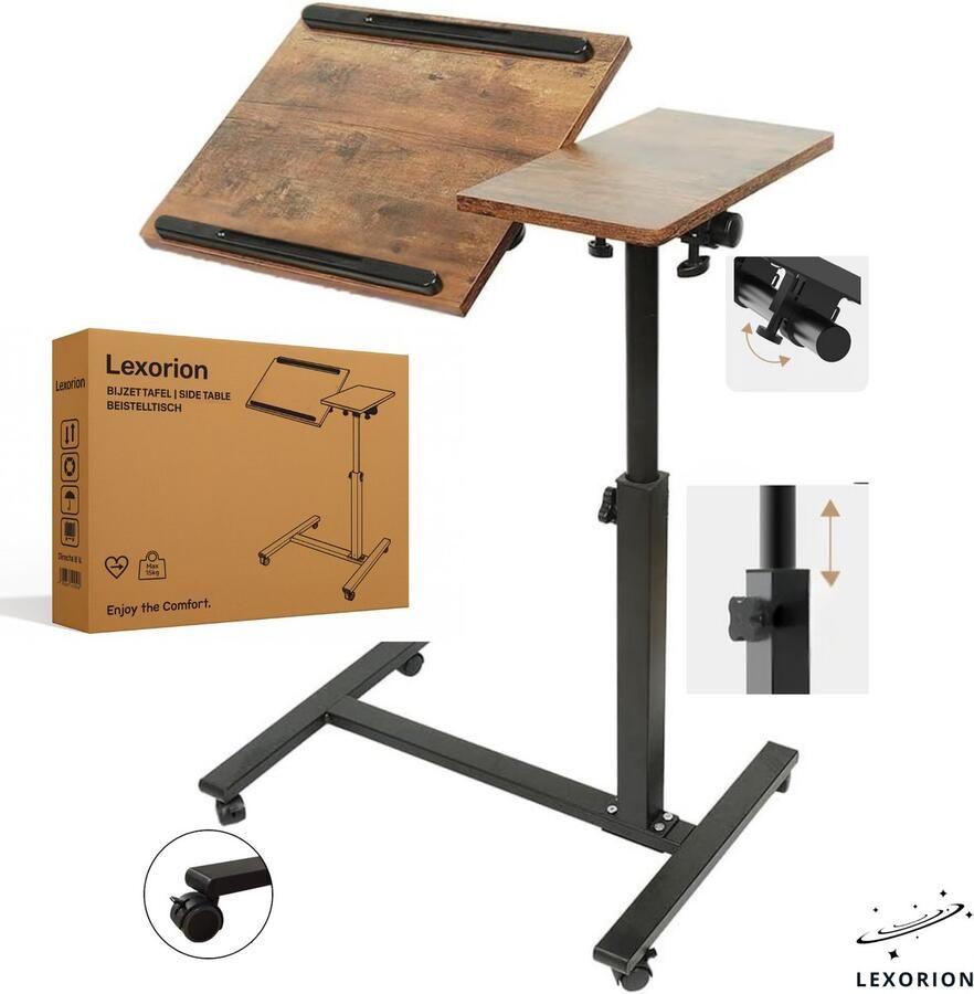 Lexorion Laptoptafel met Wielen – Verstelbare Bedtafel & Bijzettafel – Kantelbaar Tafelblad – Hoogte Verstelbaar – Ergonomisch Ontwerp – Houtkleur