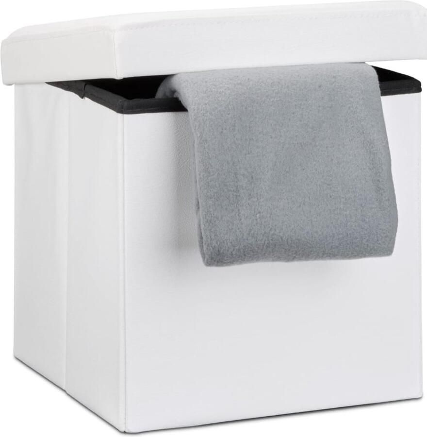 Lexorion CasaVerse Poef lederen Poef met Opbergruimte Opbergbox Hocker -Opvowbare Poef Opbergdoos 38 x 38 x 38 cm Wit