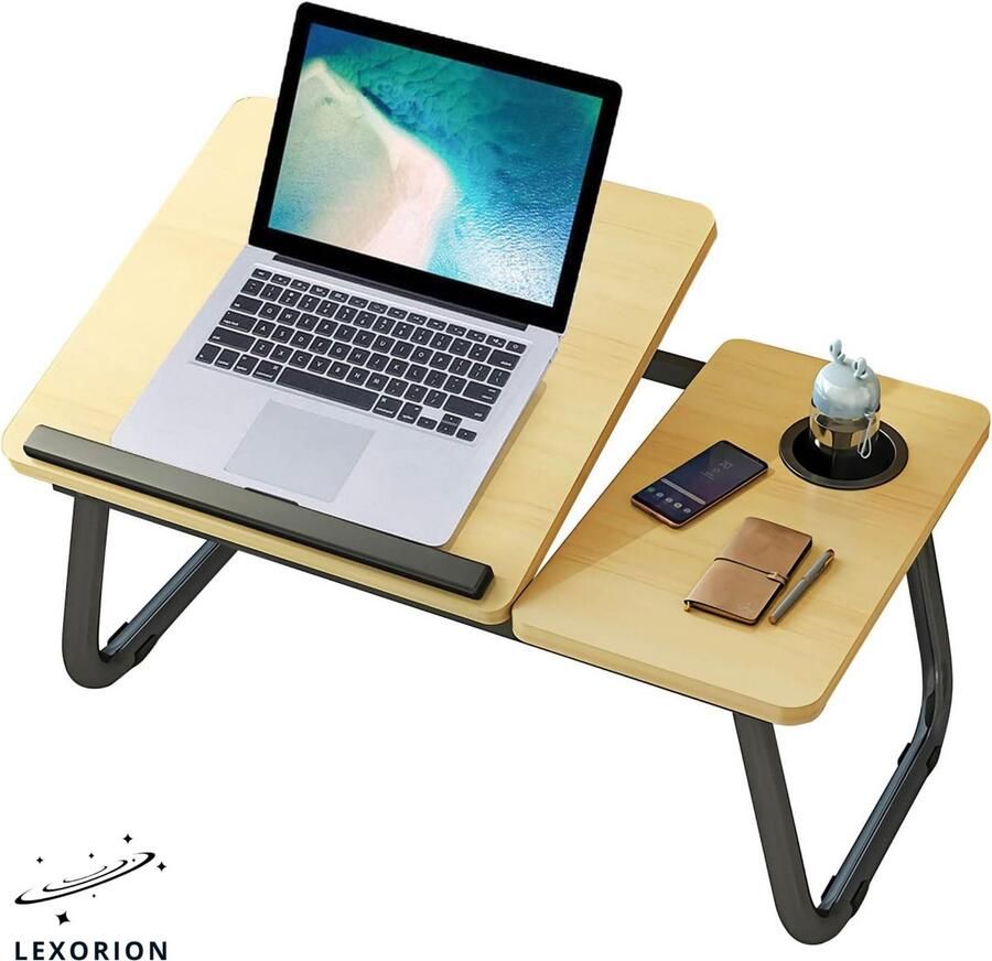 Lexorion Praktisch Laptoptafel – Bedtafel – Kantelbare Laptoptafel – Verstelbare en Opvouwbare Laptop Tafel met Bekerhouder – 60x37x26cm – Laptoptafel Bijzettafel – Walnoot