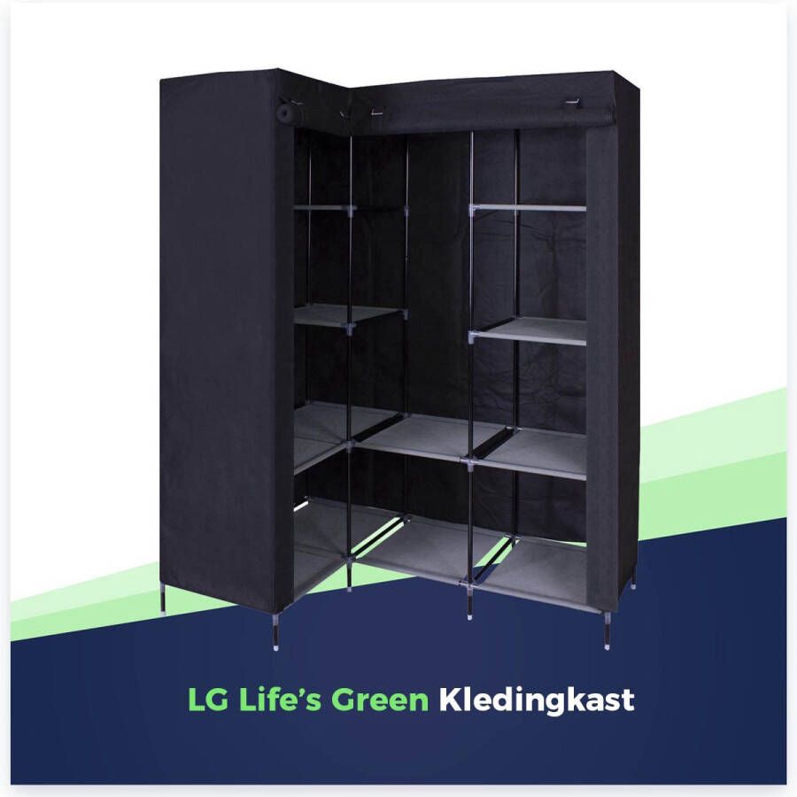 LG Life's green HK1Z Opvouwbare Kledingkast – 9 Legplanken – Stalen Frame met 90KG Draagkracht – Duurzaam Design Stoffen Garderobekast – Legkast Hoekmodel – Ruimtebesparende Kleerkast Kledinghangers – Stevige Kampeerkast – 126x40x170cm – Zwart - Foto 2