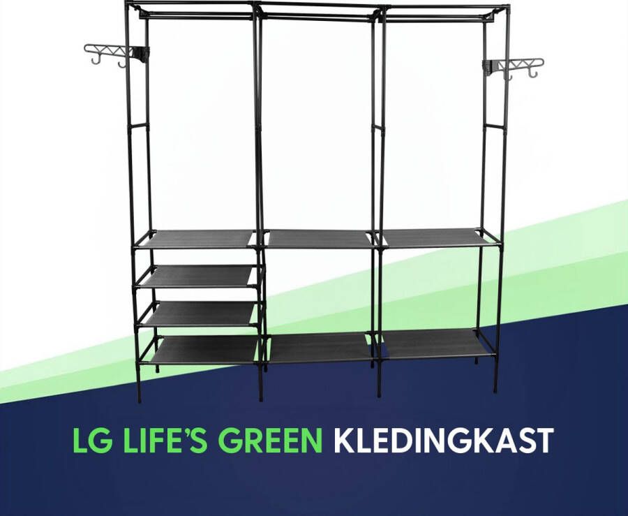 LG Life's green KM160B XXL Opvouwbare Kledingkast – 8 Legplanken 1 ophangstang & 4 ophanghaken – Stalen Frame – Stoffen Garderobekast – Ruimtebesparende Kleerkast – Opbergkast – Duurzame Legkast – 160x36x170CM – Zwart