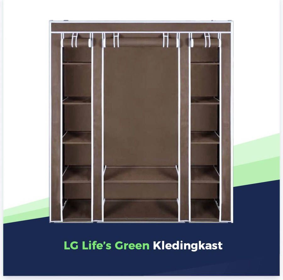 LG Life's green KM1B XXL opvouwbare kledingkast – Opbergkast – stalen frame met 225KG draagkracht – duurzaam design stoffen garderobekast – 12 opslag planken en 1 ophangstang – Campingkast – Opbergkast Ruimtebesparend – bruin – 150x45x175CM