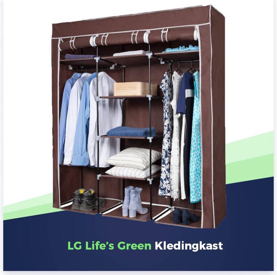 LG Life's green KM2B XXL opvouwbare kledingkast – Opbergkast – Campingkast – stalen frame met 200KG draagkracht – duurzaam design stoffen garderobekast – 9 opslag planken en 2 ophangstangen – ruimtebesparende kleerkast – bruin – 150x45x175CM