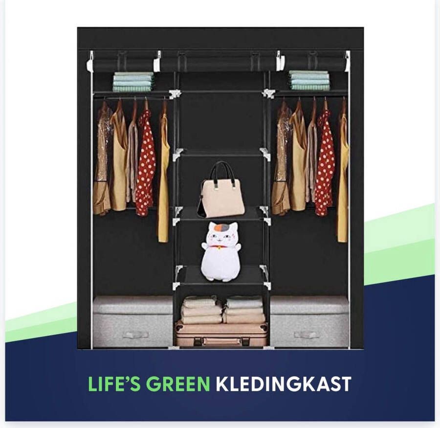 LG Life's green KM2Z XXL Opvouwbare Kledingkast – 9 Legplanken en 2 ophangstangen – Stalen Frame met 200kg Draagkracht – Stoffen Garderobekast– Stevige kast kamperen – Ruimtebesparende Kleerkast – Opbergkast – Duurzaam Legkast – 150x45x175CM – Zwart - Foto 2