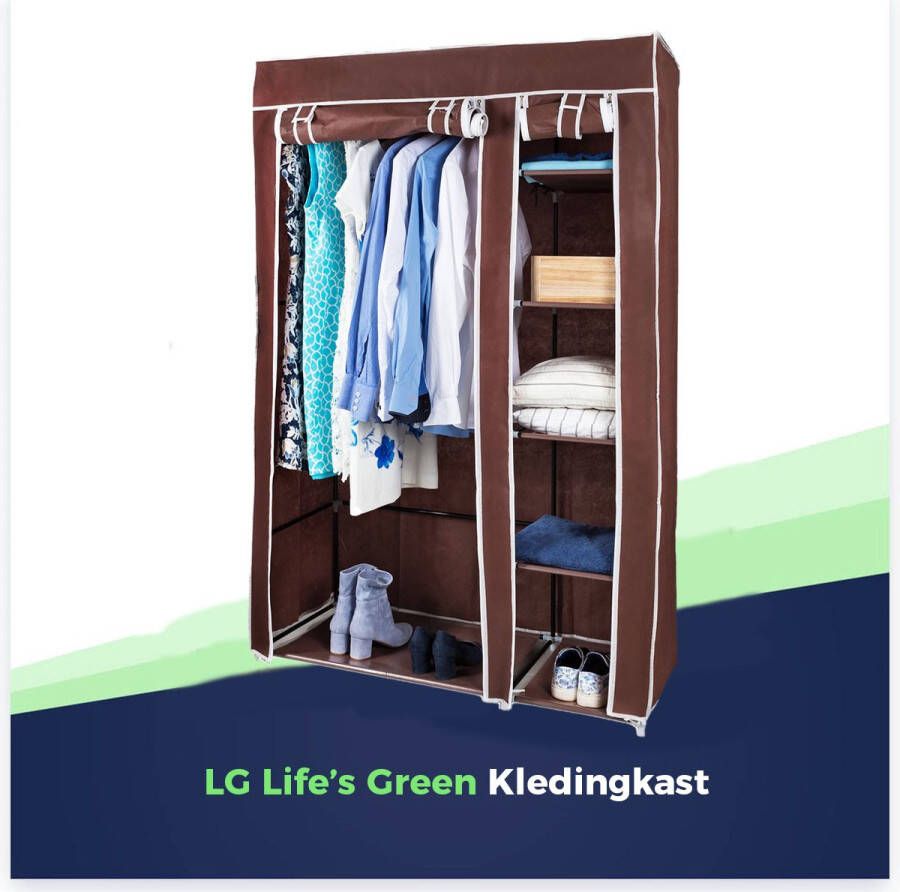 LG Life's green KM3B XL opvouwbare kledingkast – metalen frame met 140KG draagkracht – duurzaam design stoffen garderobekast – 5 opslag planken en 1 ophangstang – ruimtebesparende kleerkast – bruin – 110x45x175CM - Foto 1