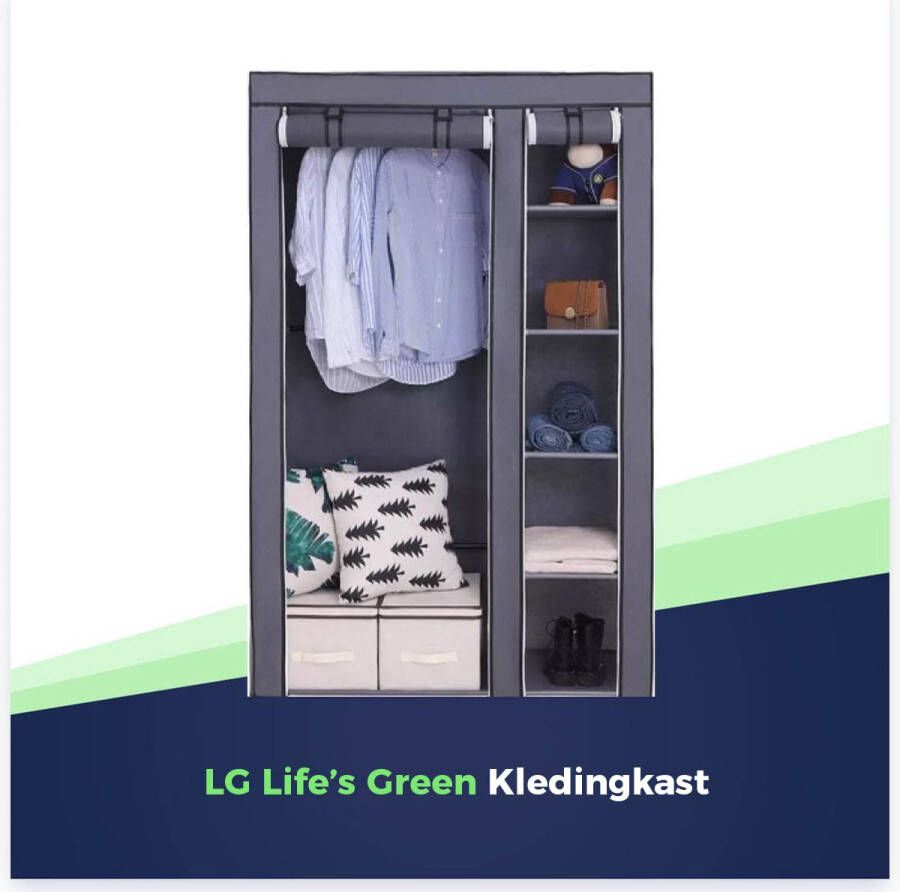 LG Life's green KM3G XL opvouwbare kledingkast – metalen frame met 140KG draagkracht – duurzaam design stoffen garderobekast – 5 opslag planken en 1 ophangstang – ruimtebesparende kleerkast – grijs – 110x45x175CM - Foto 2