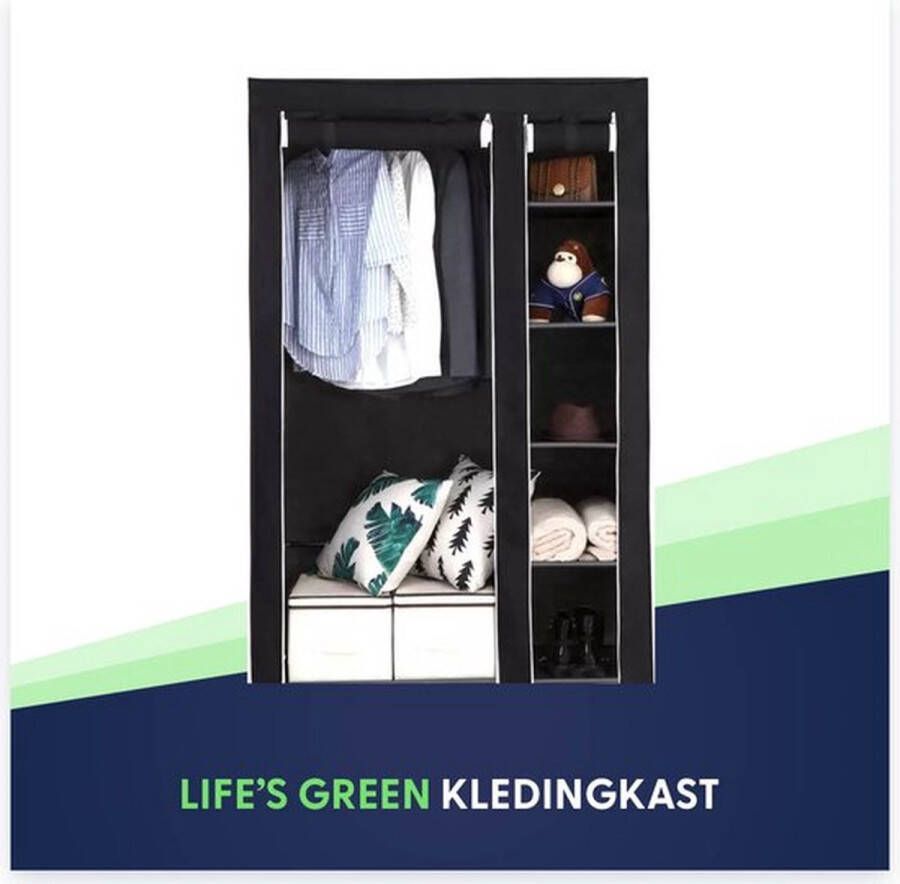 LG Life's green KM3Z XL opvouwbare kledingkast – metalen frame met 140KG draagkracht – duurzaam design stoffen garderobekast – 5 opslag planken en 1 ophangstang – ruimtebesparende kleerkast – zwart – 110x45x175CM - Foto 2