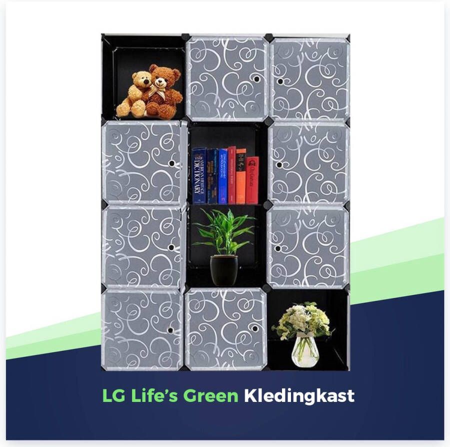 LG Life's green KM4B XXL modulaire kledingkast – 12 opslag vakken en 2 ophangstangen – zeer stevig metalen frame – duurzaam design kunststof garderobekast – ruimtebesparende vakkenkast – zwart – 110x46 5x145CM