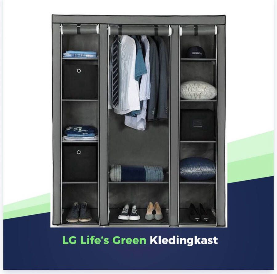 LG Life's green LG Life s Green Opvouwbare Kleerkast – Kledingrek met 12 Legplanken en Ophangstang – Stoffen Kledingkast – 225KG Draagvermogen – 143x44x169CM – Grijs