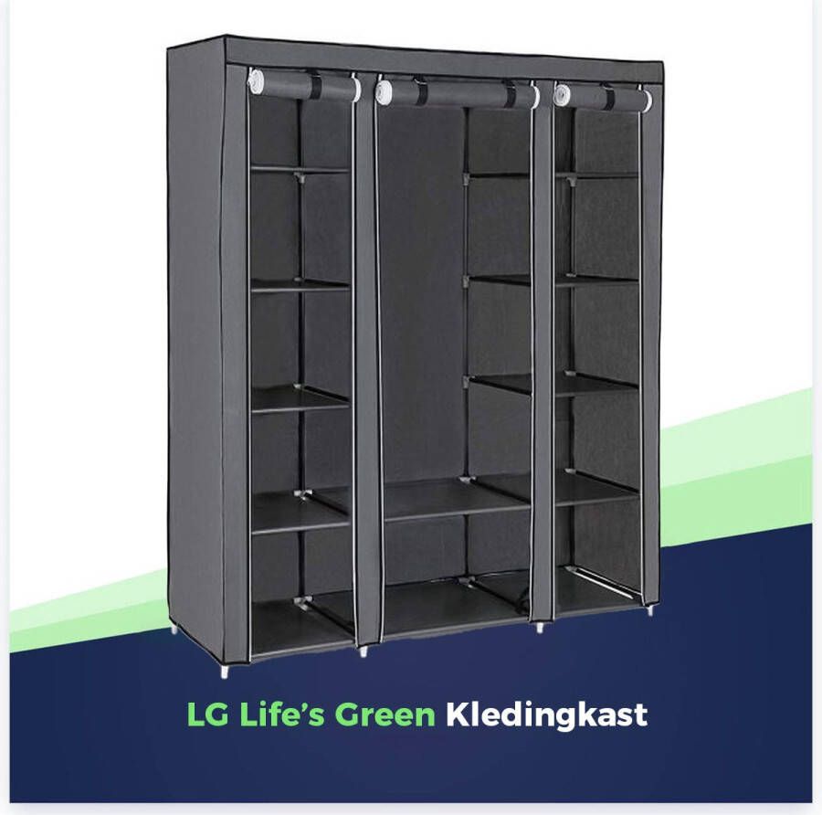 LG Life's green LG Life s Green Opvouwbare Kleerkast – Kledingrek met 12 Legplanken en Ophangstang – Stoffen Kledingkast – 225KG Draagvermogen – 143x44x169CM – Grijs - Foto 1