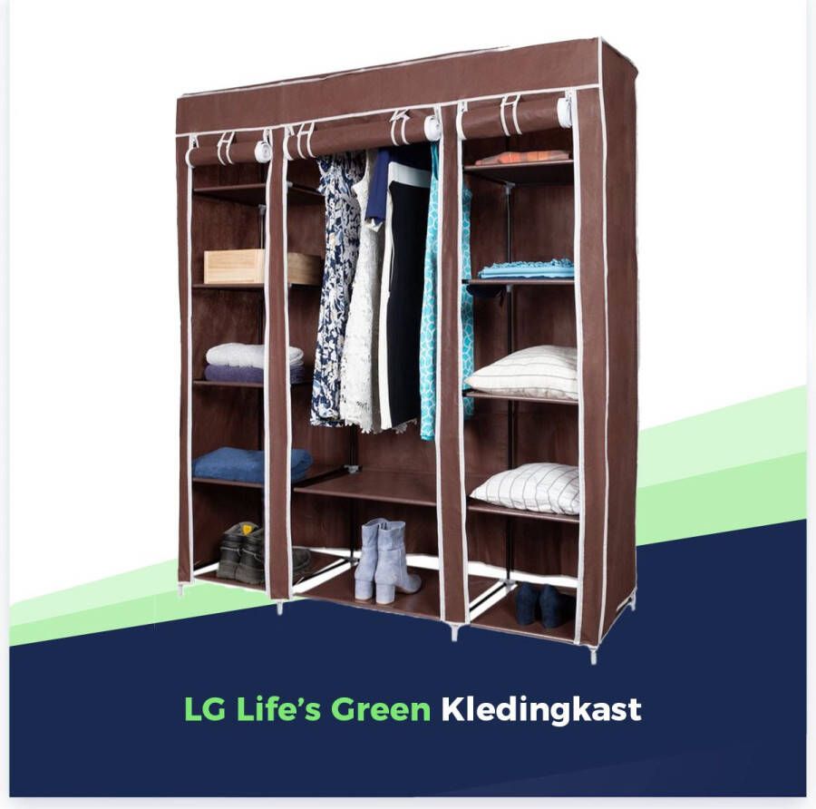 LG Life's green LG Life s Green Opvouwbare Kleerkast – Kledingrek met 12 Legplanken en Ophangstang – Stoffen Kledingkast – 225KG Draagvermogen – 143x44x169CM – Bruin