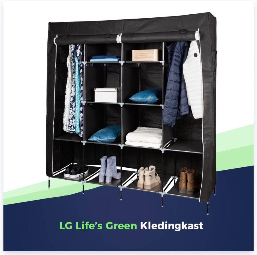 LG Life's green LG Life s Green XXL Opvouwbare kledingkast op pootjes Opbergkast Campingkast met stalen frame Duurzame stoffen garderobekast 12 vakken 2 vakken voor hangende kleding Ruimtebesparende kleerkast 168x45x180 cm Zwart