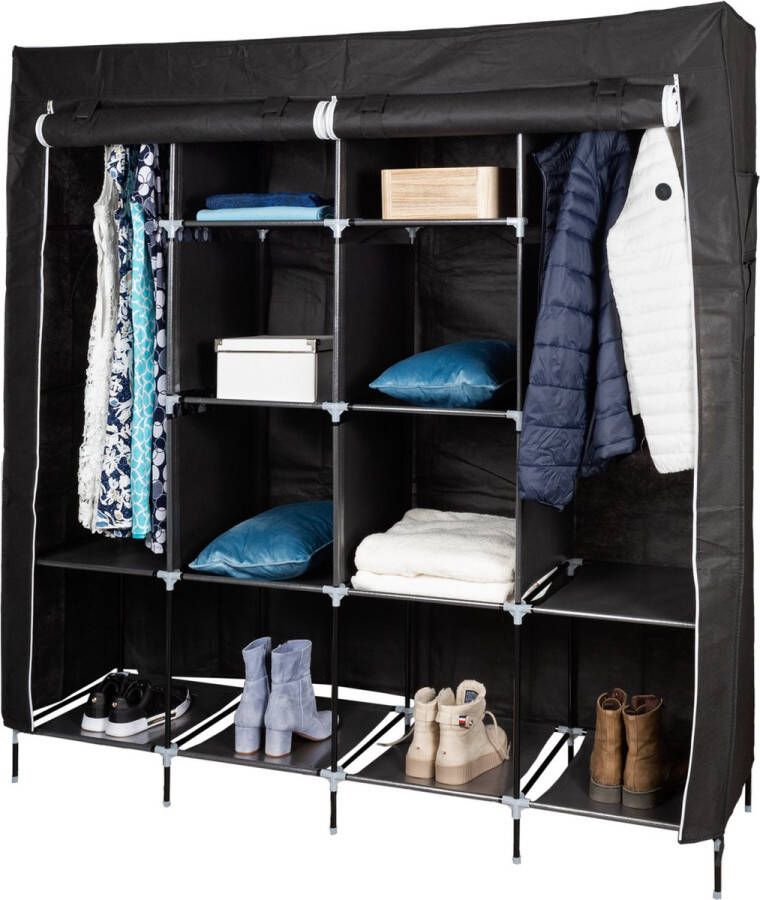 LG Life's green LG Life s Green XXL Opvouwbare kledingkast op pootjes Opbergkast Campingkast met stalen frame Duurzame stoffen garderobekast 12 vakken 2 vakken voor hangende kleding Ruimtebesparende kleerkast 168x45x180 cm Zwart - Foto 2