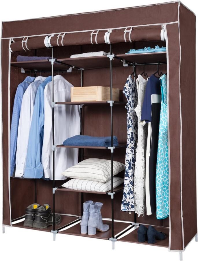 LG Life's green Life's Green KM1B XXL opvouwbare kledingkast – Opbergkast – stalen frame met 225KG draagkracht – duurzaam design stoffen garderobekast – 12 opslag planken en 1 ophangstang – Campingkast – Opbergkast Ruimtebesparende kleerkast – bruin – 150x45x175CM