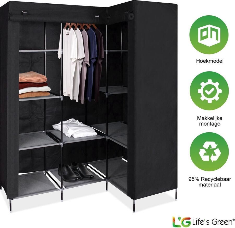 LG Life's green HK1Z Opvouwbare Kledingkast – 9 Legplanken – Stalen Frame met 90KG Draagkracht – Duurzaam Design Stoffen Garderobekast – Legkast Hoekmodel – Ruimtebesparende Kleerkast Kledinghangers – Stevige Kampeerkast – 126x40x170cm – Zwart