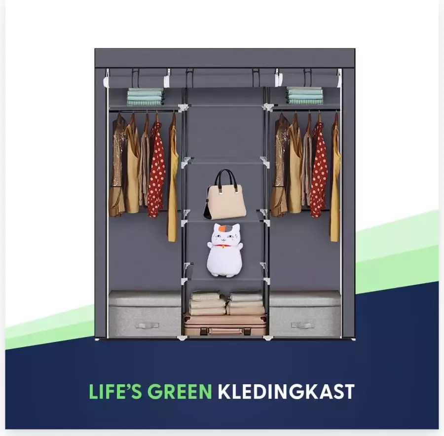 LG Life's green Life's Green KM2G XXL opvouwbare kledingkast – stalen frame met 200KG draagkracht – Opbergkast – Campingkast – duurzaam design stoffen garderobekast – 9 opslag planken en 2 ophangstangen – ruimtebesparende kleerkast – grijs – 150x45x175CM