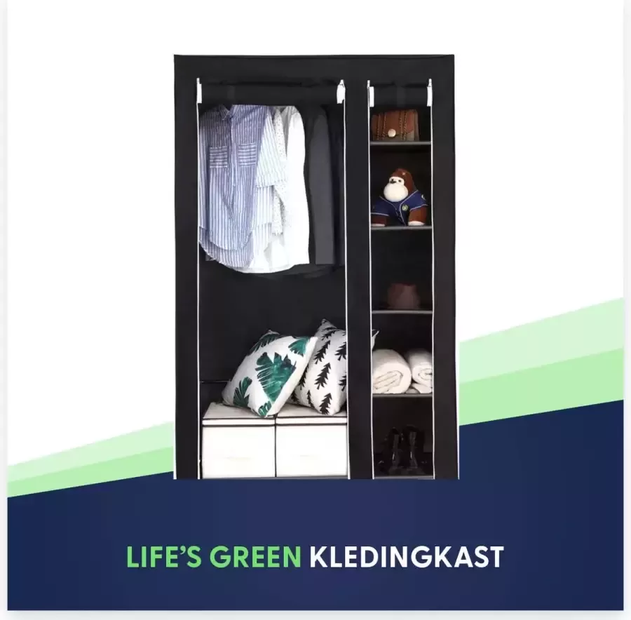 LG Life's green Life's Green KM3Z XL opvouwbare kledingkast – metalen frame met 140KG draagkracht – duurzaam design stoffen garderobekast – 5 opslag planken en 1 ophangstang – ruimtebesparende kleerkast – zwart – 110x45x175CM