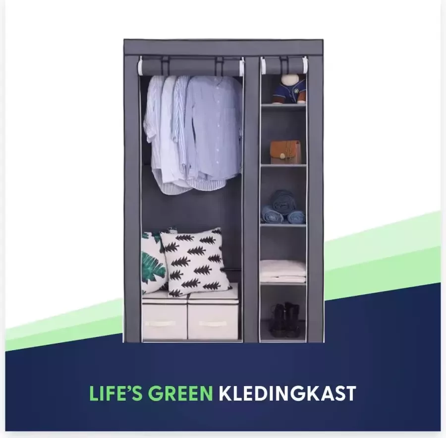 Life's Green KM3G XL opvouwbare kledingkast – metalen frame met 140KG draagkracht – duurzaam design stoffen garderobekast – 5 opslag planken en 1 ophangstang – ruimtebesparende kleerkast – grijs – 110x45x175CM