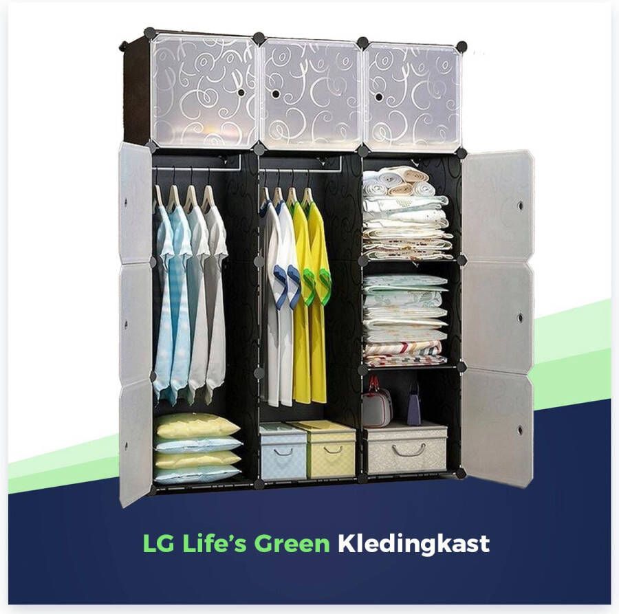 LG Life's green Modulaire Opbergkast – Kast met 12 opslagvakken en 2 ophangstangen – Kunststof Kledingkast – Vakkenkast – 110x46 5x145CM – Zwart