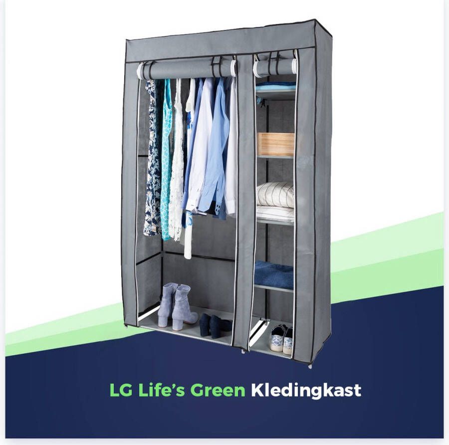 LG Life's green KM3G XL opvouwbare kledingkast – metalen frame met 140KG draagkracht – duurzaam design stoffen garderobekast – 5 opslag planken en 1 ophangstang – ruimtebesparende kleerkast – grijs – 110x45x175CM