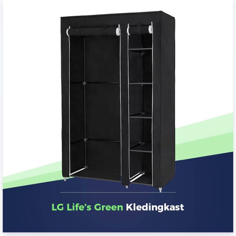 LG Life's green KM3Z XL opvouwbare kledingkast – metalen frame met 140KG draagkracht – duurzaam design stoffen garderobekast – 5 opslag planken en 1 ophangstang – ruimtebesparende kleerkast – zwart – 110x45x175CM