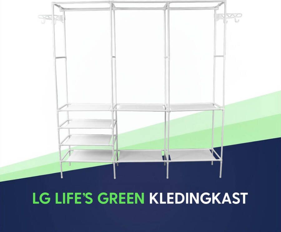 LG Life's green KM160W XXL Opvouwbare Kledingkast – 8 Legplanken 1 ophangstang & 4 ophanghaken – Stalen Frame – Stoffen Garderobekast – Ruimtebesparende Kleerkast – Opbergkast – Duurzame Legkast – 160x36x170CM – Wit