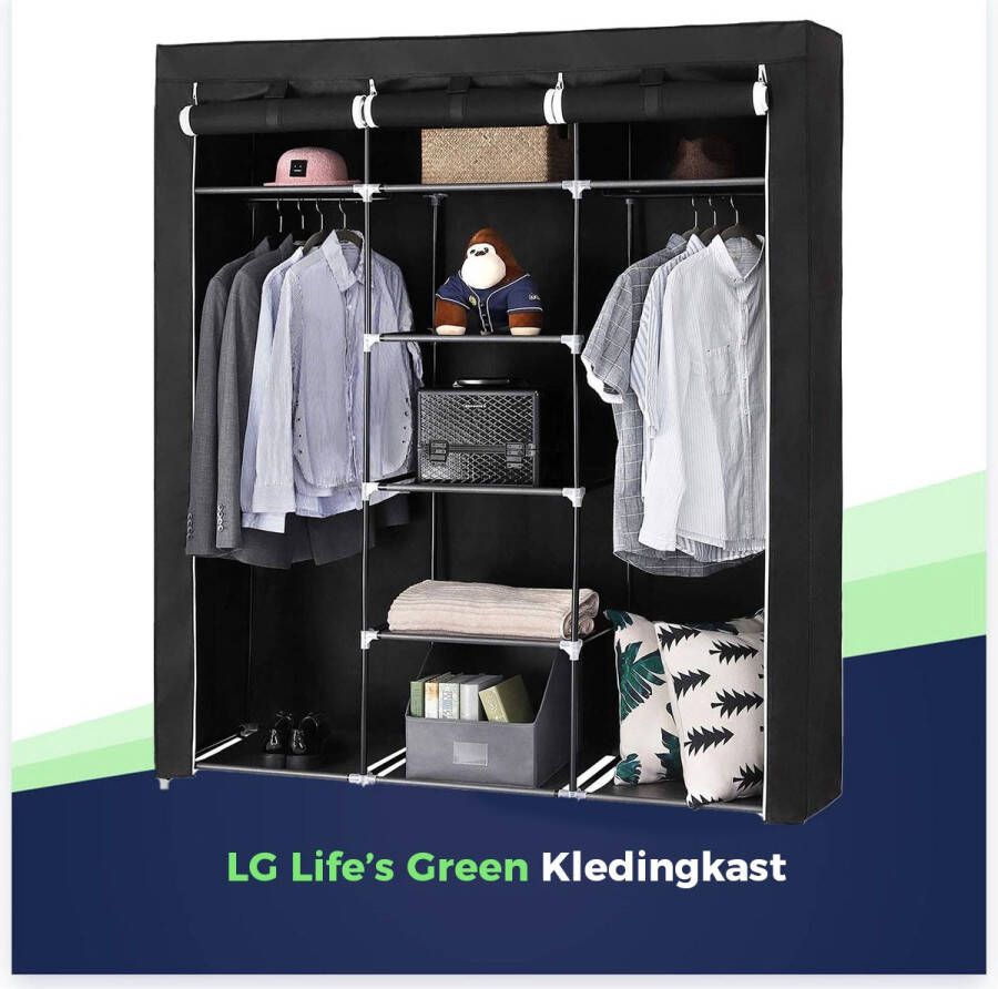 LG Life's green KM2Z XXL Opvouwbare Kledingkast – 9 Legplanken en 2 ophangstangen – Stalen Frame met 200kg Draagkracht – Stoffen Garderobekast– Stevige kast kamperen – Ruimtebesparende Kleerkast – Opbergkast – Duurzaam Legkast – 150x45x175CM – Zwart