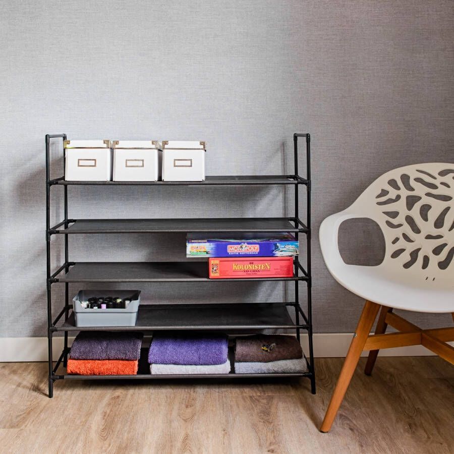 LG Life's green Life's Green verplaatsbare schoenenkast met 5 niveaus – stoffen schoenenrek voor 20 paar schoenen – stevig stalen frame met stevige stoffen planken – duurzaam design – ruimtebesparende schoenenkast – D27.5xB94xH92.5 cm – Zwart