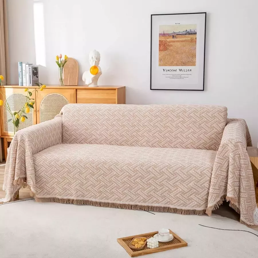 LHGOGO Sofa gooit grote 3-zits bank gooien deken veelzijdige omkeerbare worpen voor banken grote plaids voor zitjes bank bed en stoel met decoratieve franje 180x300cm beige
