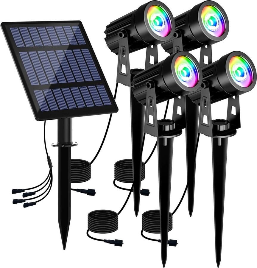 Lichtendirect Tuinverlichting op Zonne-energie RGB Kleuren 4 LED Spots- Tuinspot Waterdicht – Kantelbaar Lantaarn Buitenlamp Wandlamp Solar tuinverlichting