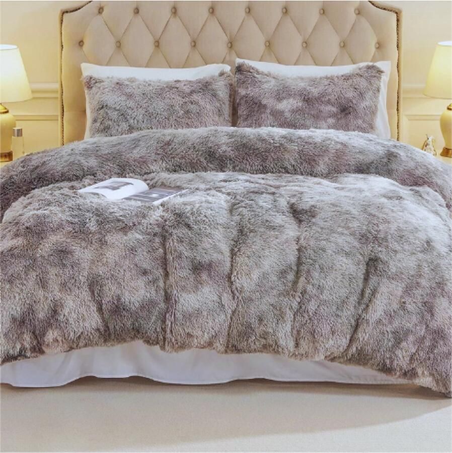 Lichtgrijs Pluche Beddengoedset 220 x 240 cm Flanel Wollig Dekbed Set voor Bed Shaggy en Pluche Zacht Beddengoed Dekbedovertrekken en 1 Kussensloop (80 x 80 cm) Tie-dye