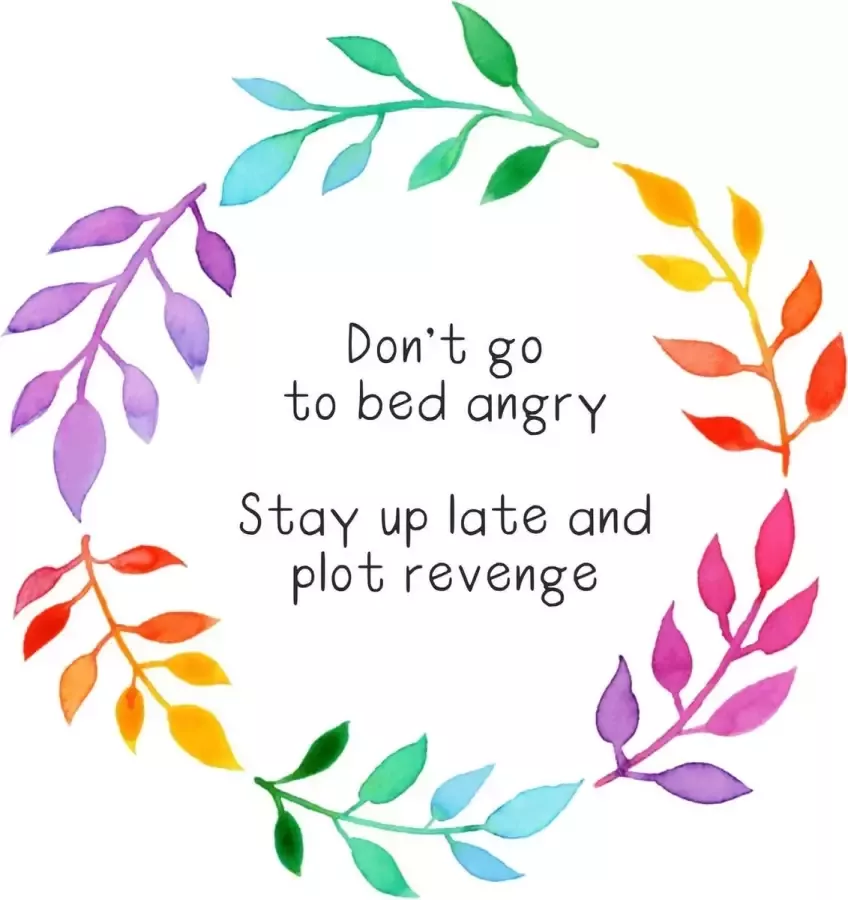 Liefs Ollie Don't go to bed angry stay up late and plot revenge Poster A3 Decoratie Interieur Grappige teksten Engels Motivatie Wijsheden Kleurrijk Bloemenkrans