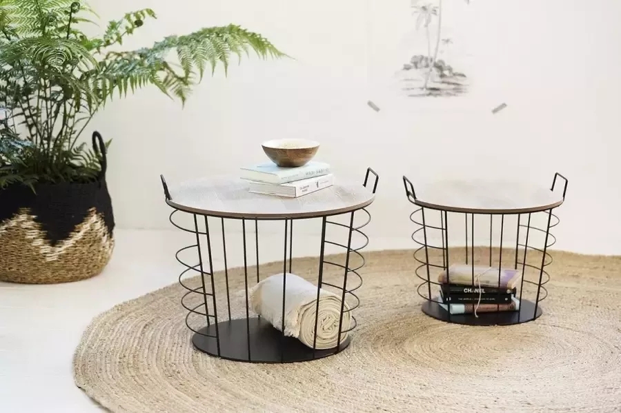 Lifa-Living Bijzettafel Opbergtafel Modern Set van 2 Rond Zwart Metaal & Hout - Foto 2