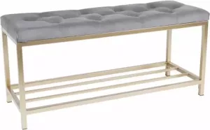 Lifa-Living Halbank Athene Grijs & Goud met Schoenenrek Fluweel & Metaal Luxe 90 x 32 5 x 43 cm