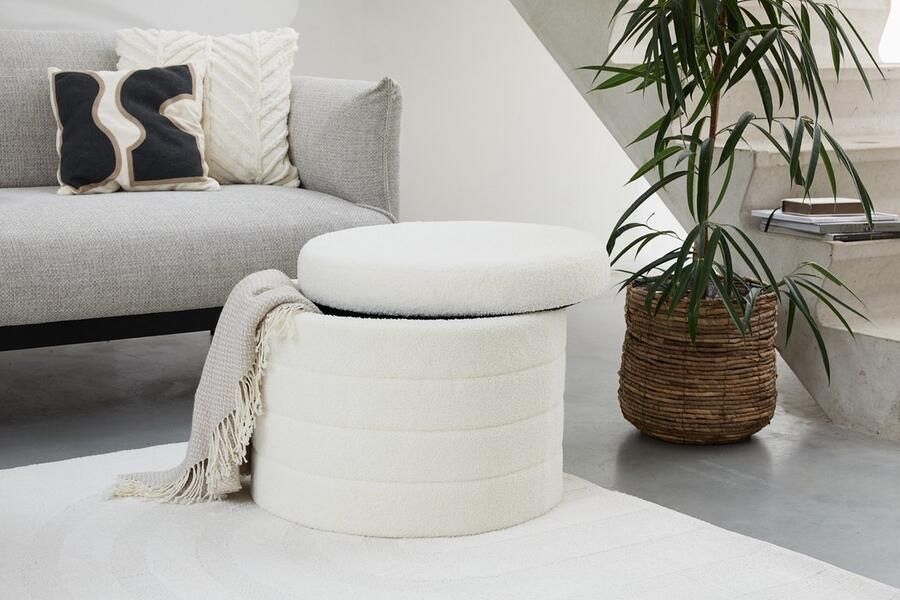 Lifa-Living opbergpoef rond Teddy poef met opbergruimte H45cmxØ56cm Wit