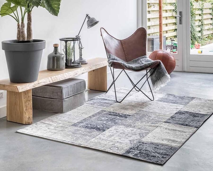 Lifa-Living Vloerkleed Patchwork Geruit Design Retro Donkergrijs Blauw- 133 x 200 cm