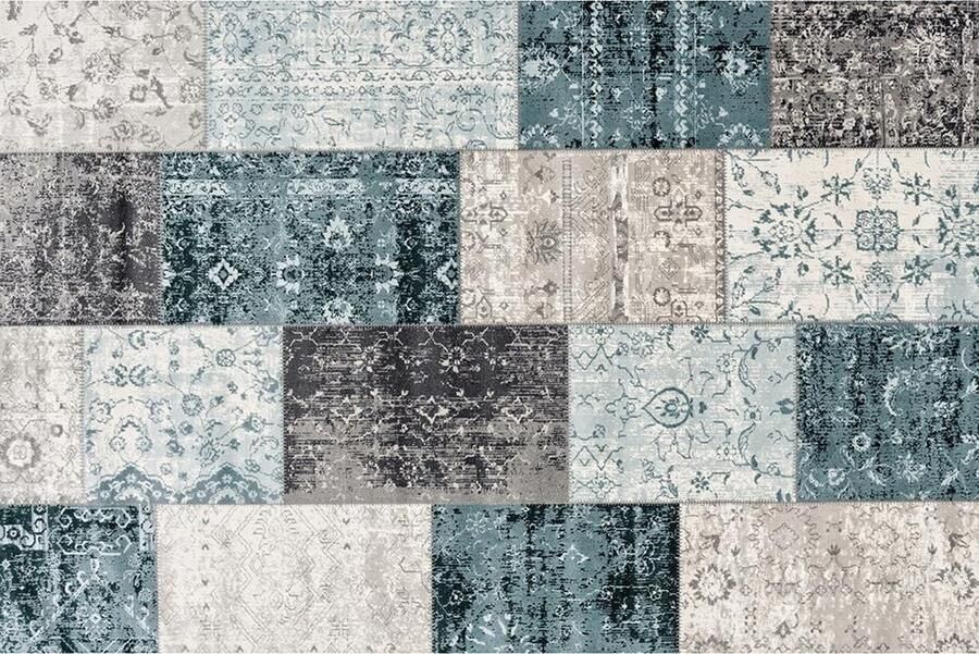 Lifa-Living Vloerkleed Patchwork Geruit Design Retro Donkergrijs Blauw- 133 x 200 cm - Foto 4