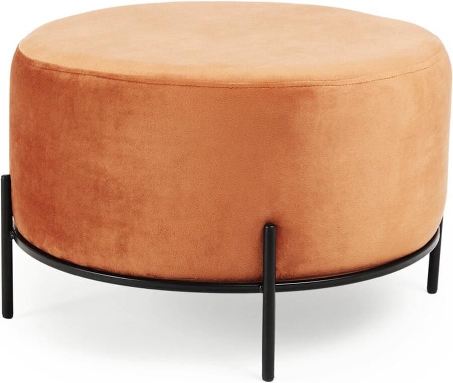 Lifa-Living Poef Ruby Oranje & Zwart Kruk Velvet & Metaal Multifunctioneel Luxe Ø 55 x 35cm