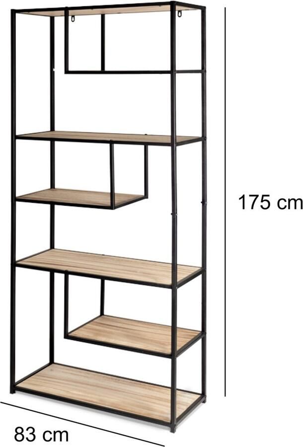 Lifa-Living Wandrek van MDF en Metaal Zwart en Hout 85 x 35 x 175 cm Open Wandkast 7 planken