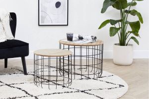 Lifa-Living Moderne Bijzettafel Set van 2 Zwart Metaal & Hout Rond Verwijderbaar Blad Opbergmand Stabiel