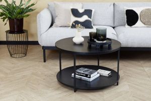 Lifa-Living Moderne Bijzettafel Zwarte Koffietafel Hout en Metalen Salontafel Rond Woonkamer Slaapkamer Kantoor Max. 20 kg 77 x 77 x 46 cm