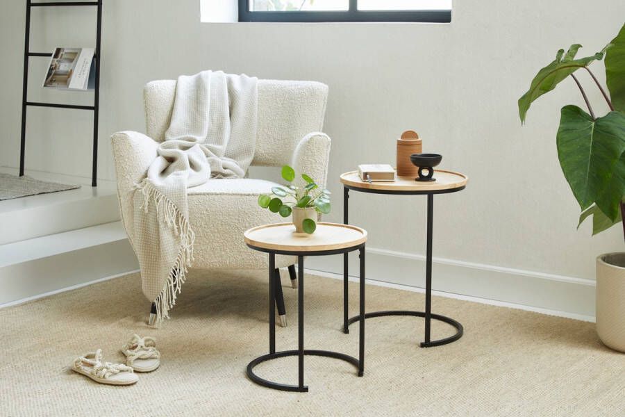 Lifa-Living Moderne Bijzettafels Set van 2 Zwart en Naturel Koffietafels Rond Hout en Metalen Salontafels voor Woonkamer Slaapkamer en Kantoor ⌀ 34 x 40 en ⌀ 40 x 50 cm