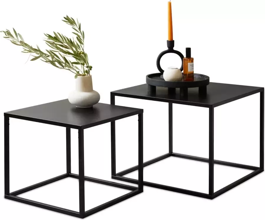 Lifa-Living Moderne Bijzettafels Set van 2 Zwarte Koffietafels Metalen Salontafels Vierkante Bijzettafeltjes voor Woonkamer en Slaapkamer 50 x 50 x 40 cm en 40 x 40 x 36 cm