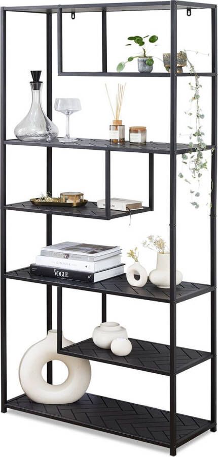 Lifa-Living Wandkast Saint Maxime Boekenkast Visgraat Metaal & Hout Zwart 33x83x175 cm