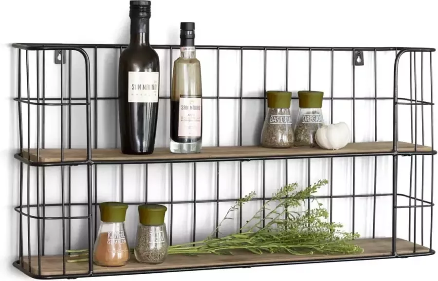 Lifa-Living Wandrek Malaga Industrieel Bakkersrek Rechthoekig Kruidenrek Zwart Metaal & Hout Muurrek voor Woonkamer Slaapkamer en Kantoor 66 5 x 14 3 x 33 6 cm