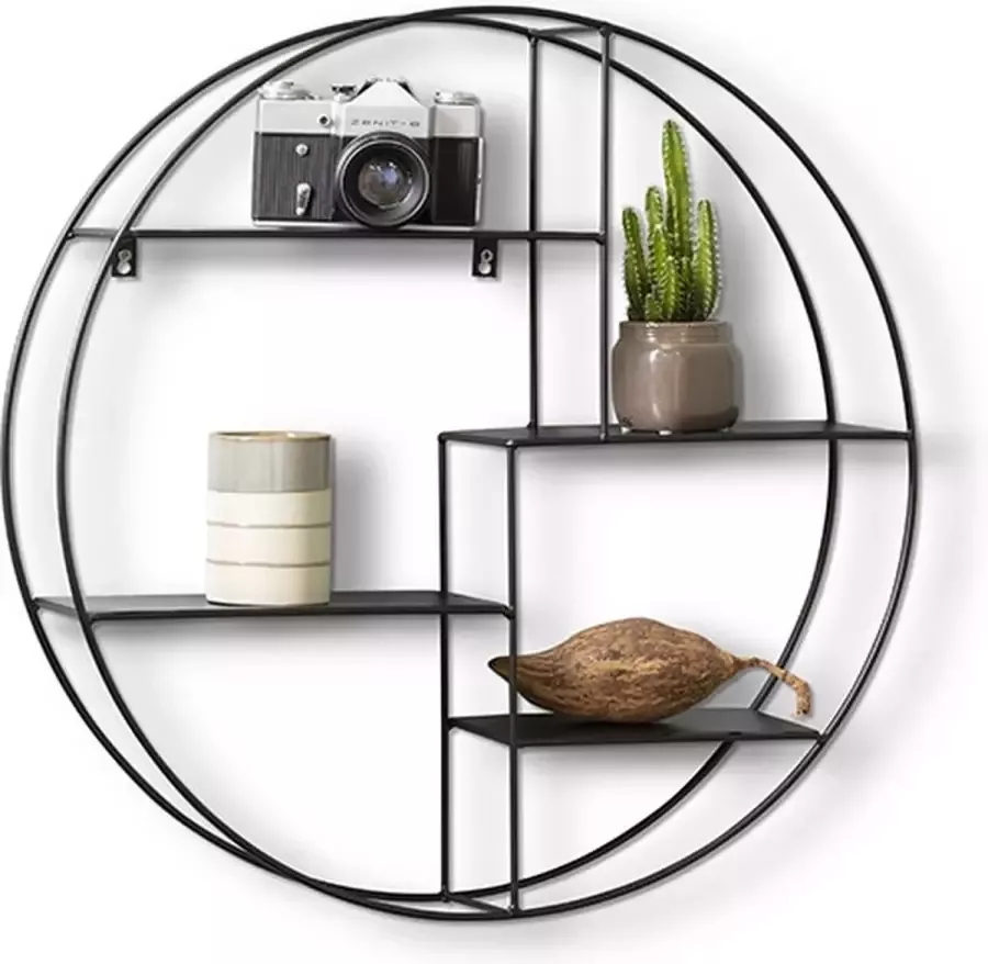 Lifa-Living Wandrek Ronda Wandplank Industrieel Metaal 4 Planken Rond Kruidenrek Zwart Voor Keuken Slaapkamer Woonkamer 55 x 11 x 55 cm