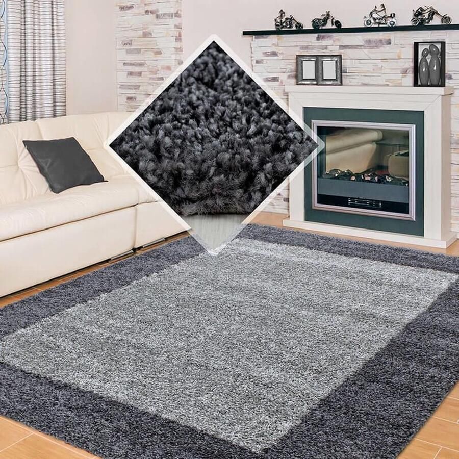 Adana Carpets Hoogpolig vloerkleed met sierrand grijze kleur geschikt voor de woonkamer met een jute achterkant afmetingen: 200 cm x 290 cm - Foto 2