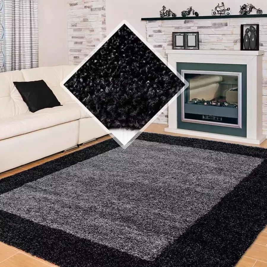 Adana Carpets Hoogpolig vloerkleed antraciet grijs met lijstmotief 200x290cm - Foto 5